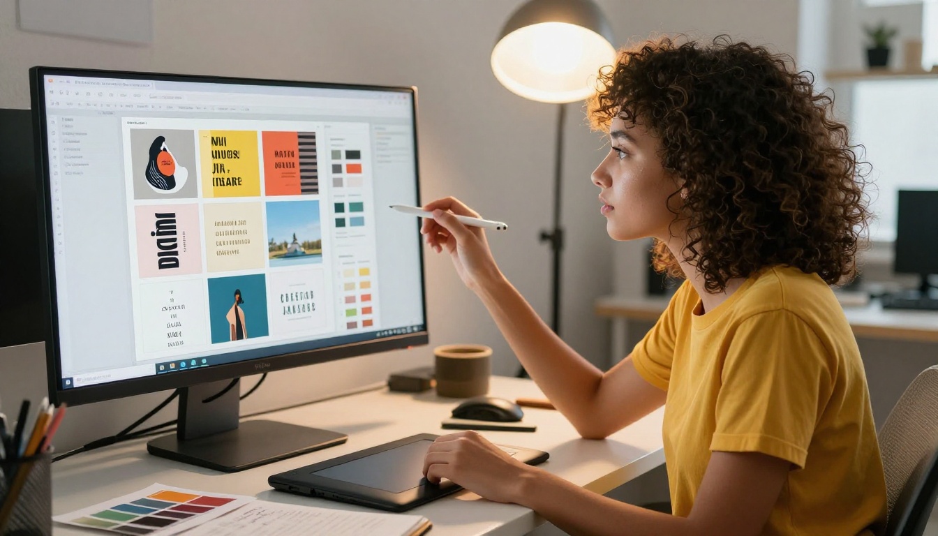 Young graphic designer with natural curly hair customizing a digital brochure layout on a large curved monitor in a bright studio