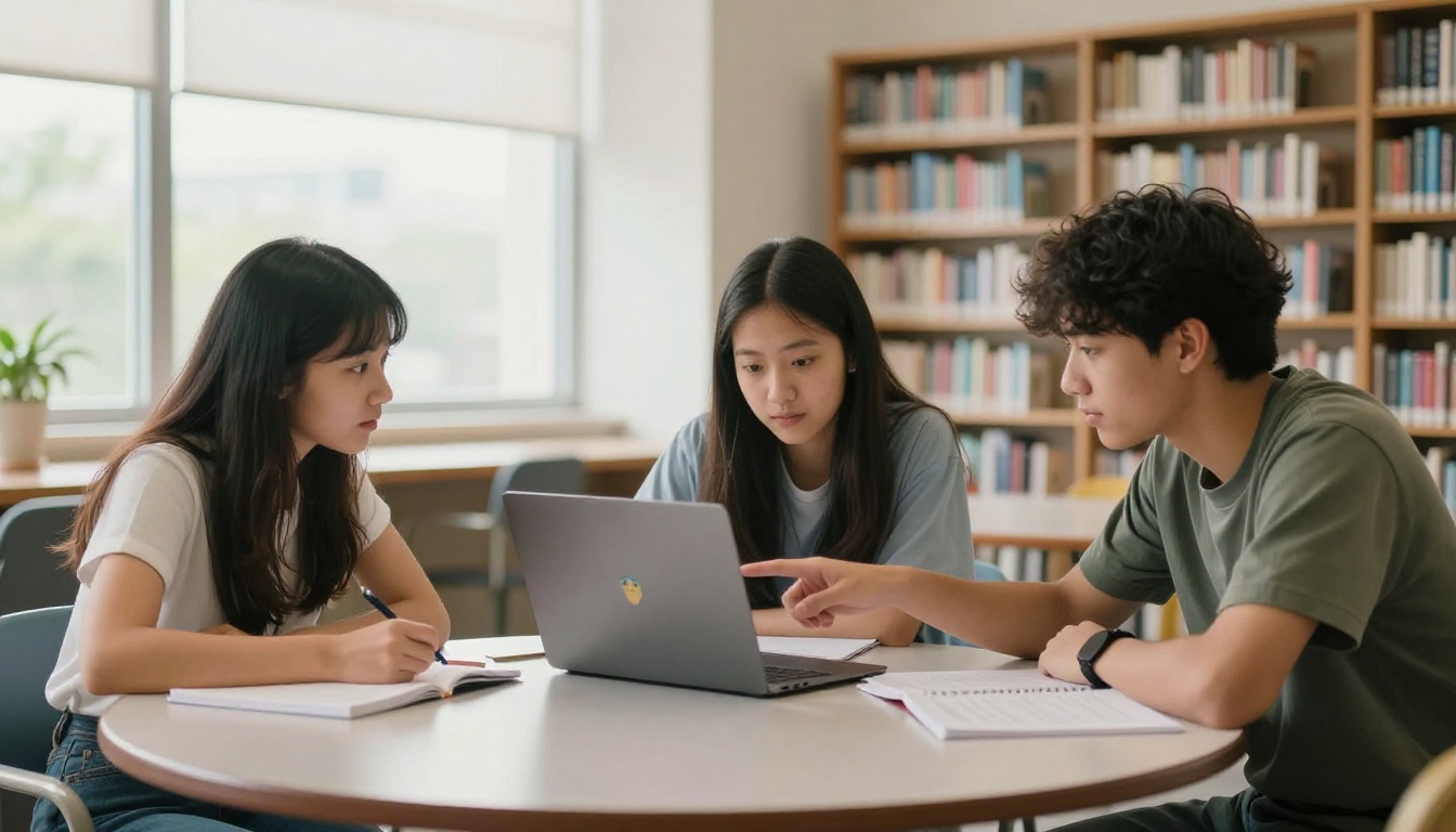 Group of students collaborating on a school project around a library table with a laptop showing a flipbook Group of students collaborating on a school project around a library table with a laptop showing a flipbook