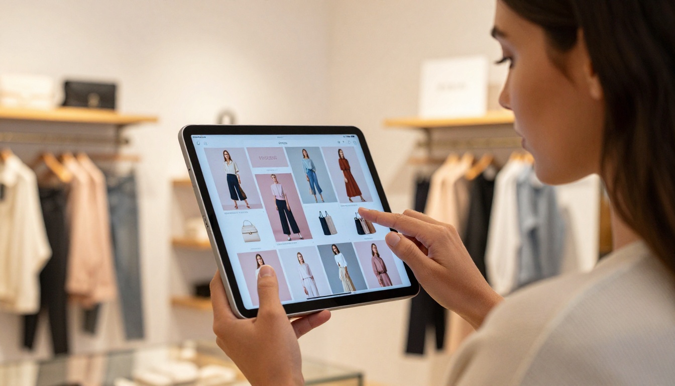 A fashionable woman browsing a vibrant product catalog on an iPad Pro in a bright boutique store