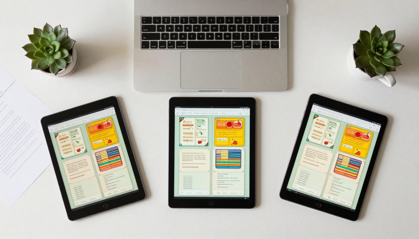 All devices displaying flipbook content in a flat lay setup