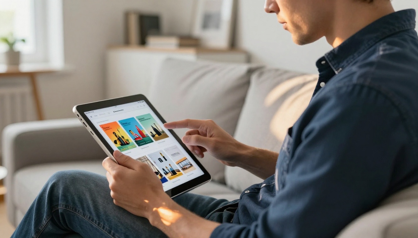 A man browsing a vibrant digital product catalog on a tablet with a visible page-curl effect A man browsing a vibrant digital product catalog on a tablet with a visible page-curl effect