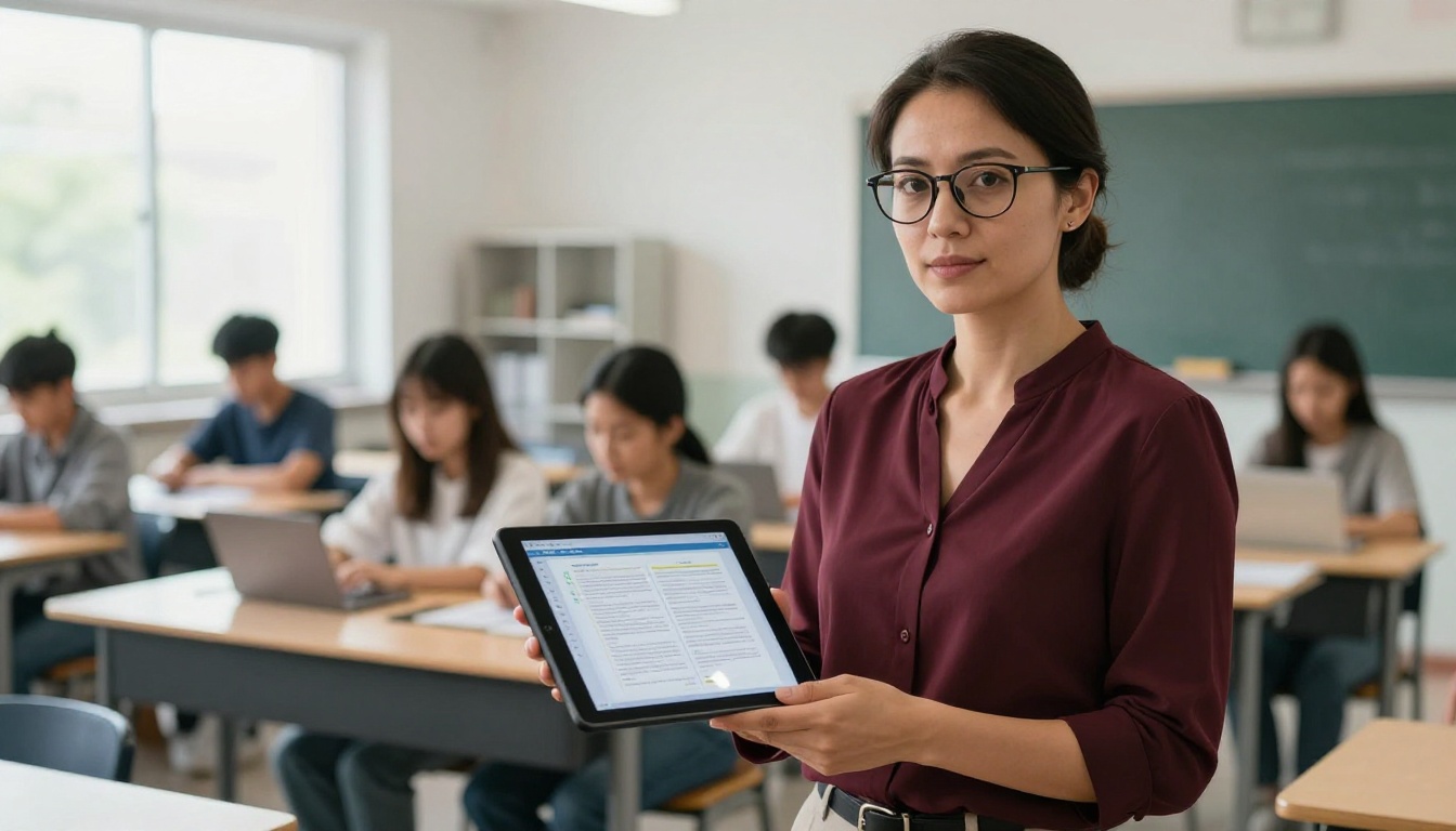 Female teacher in reading glasses and maroon blouse holding a tablet displaying an interactive digital textbook in a bright modern classroom