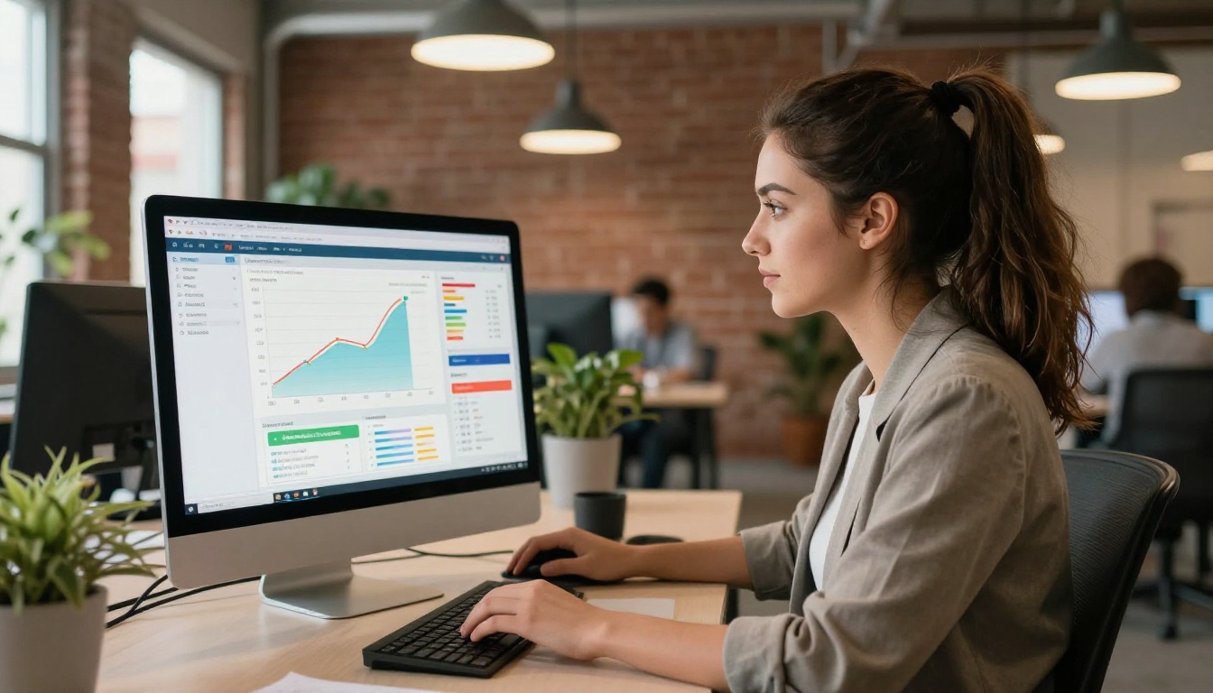 Marketing professional reviewing flipbook analytics and page metrics on large monitor in creative open office
