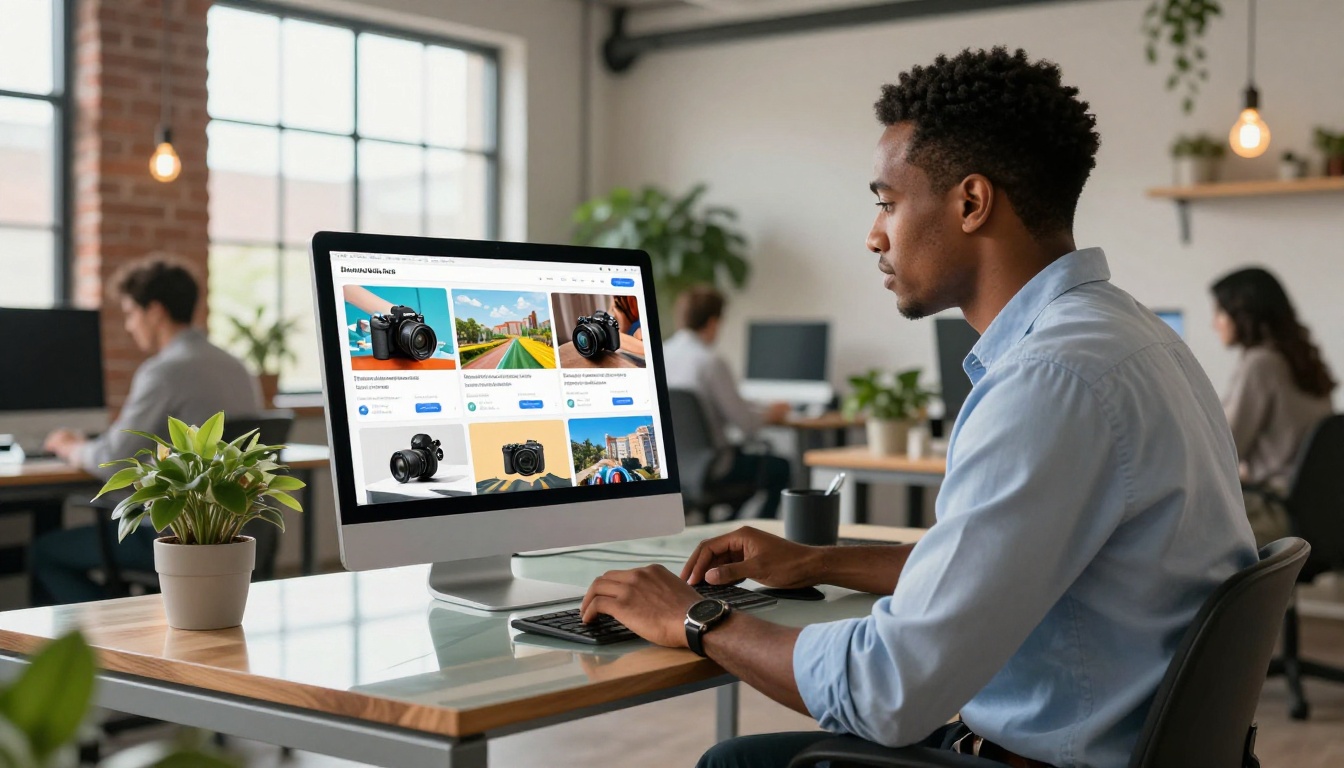 Marketing professional reviewing interactive product catalog flipbook on large office monitor Marketing professional reviewing interactive product catalog flipbook on large office monitor