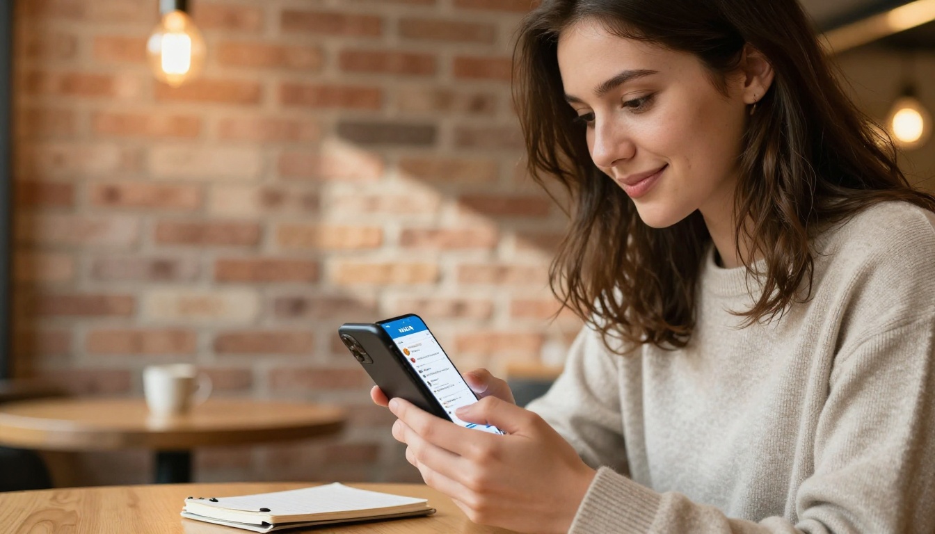 Woman in cafe scrolling LinkedIn feed with flipbook post