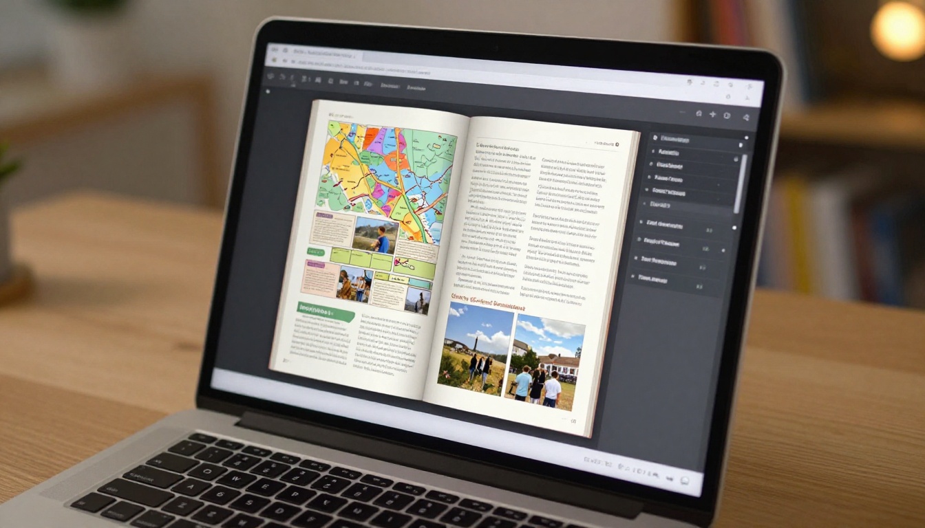 Laptop screen showing a beautifully designed digital flipbook with a school history project page open Laptop screen showing a beautifully designed digital flipbook with a school history project page open