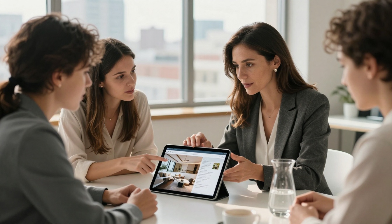 Real estate agent showing an iPad with a property digital flipbook to a couple at a conference table Real estate agent showing an iPad with a property digital flipbook to a couple at a conference table