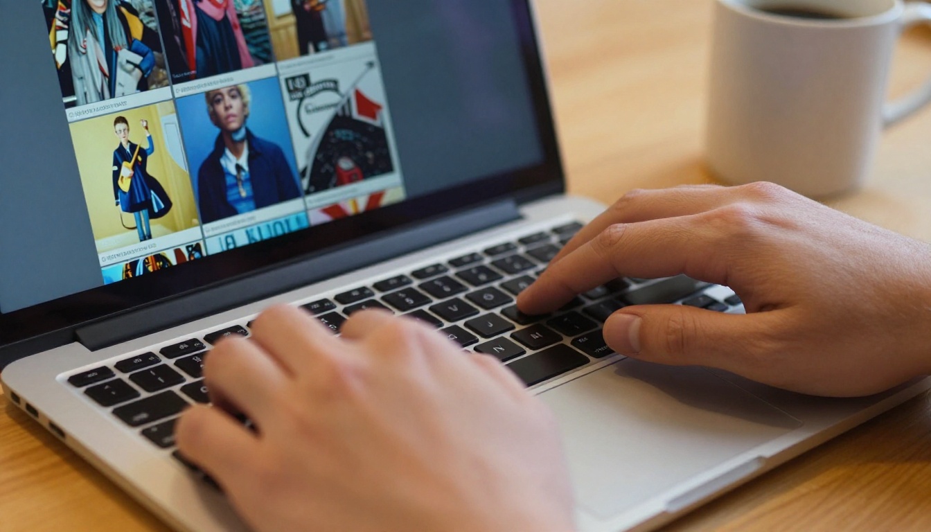 Hands on laptop keyboard showing a digital flipbook with page-turn animation in warm morning light