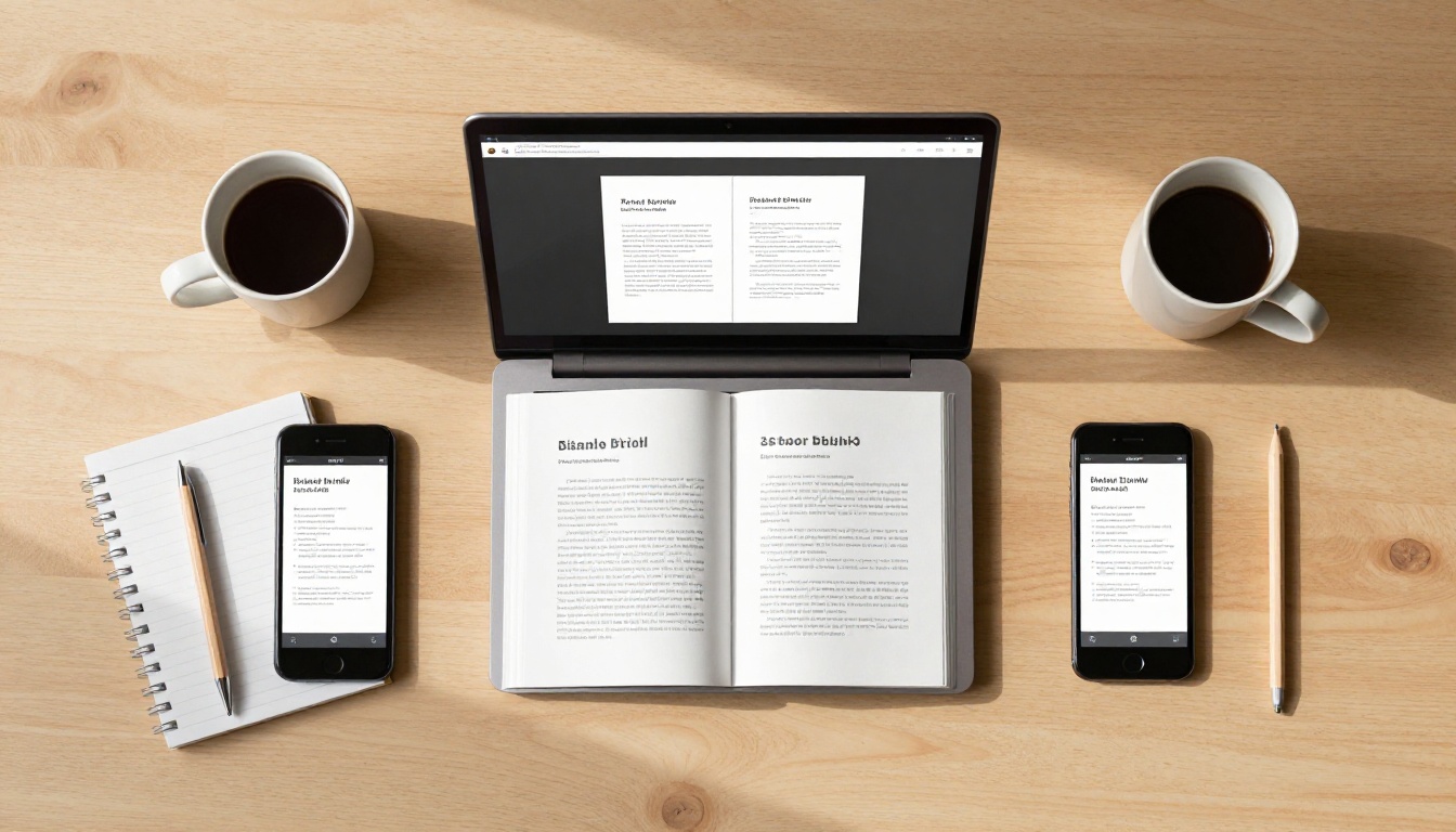 Aerial flat-lay view of a light-wood desk with a laptop, smartphone, and printed document all showing the same flipbook interface