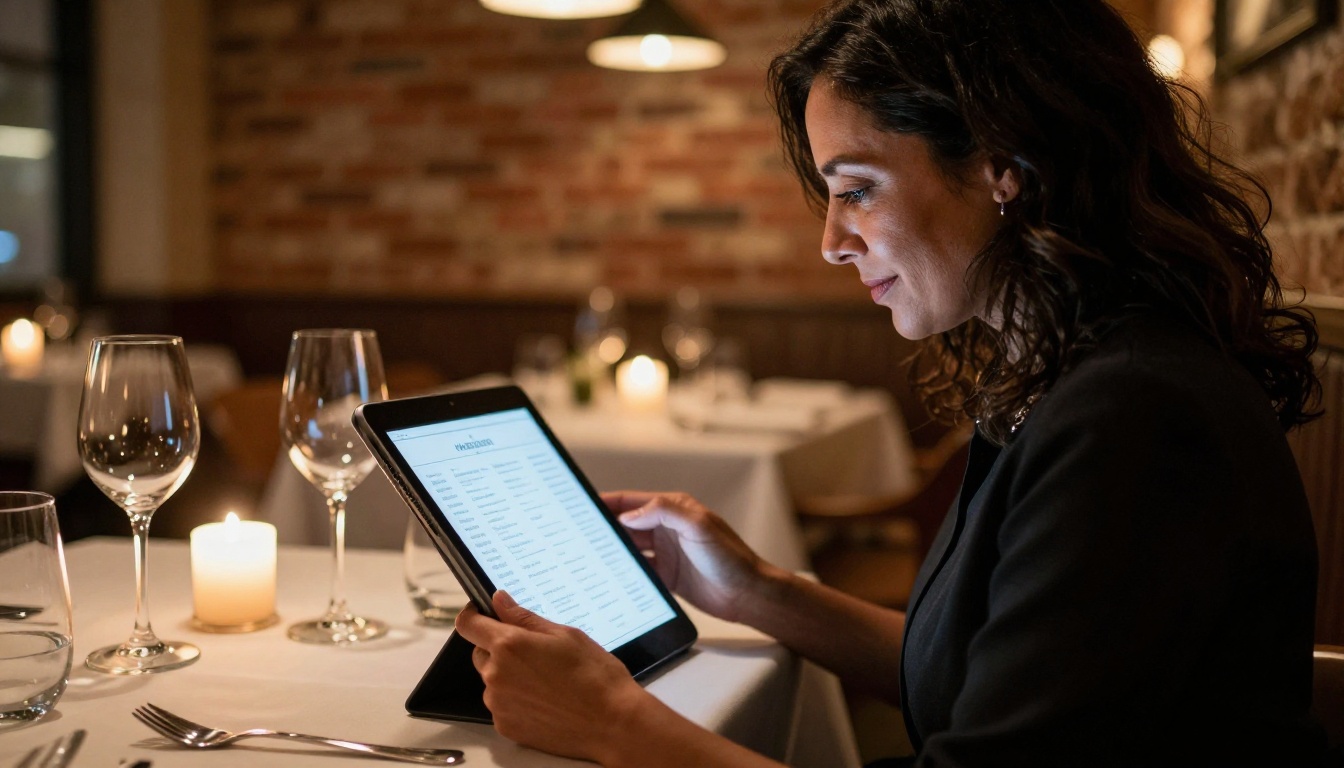 A restaurant owner reviewing a digital menu on an iPad at an elegant candlelit restaurant table A restaurant owner reviewing a digital menu on an iPad at an elegant candlelit restaurant table