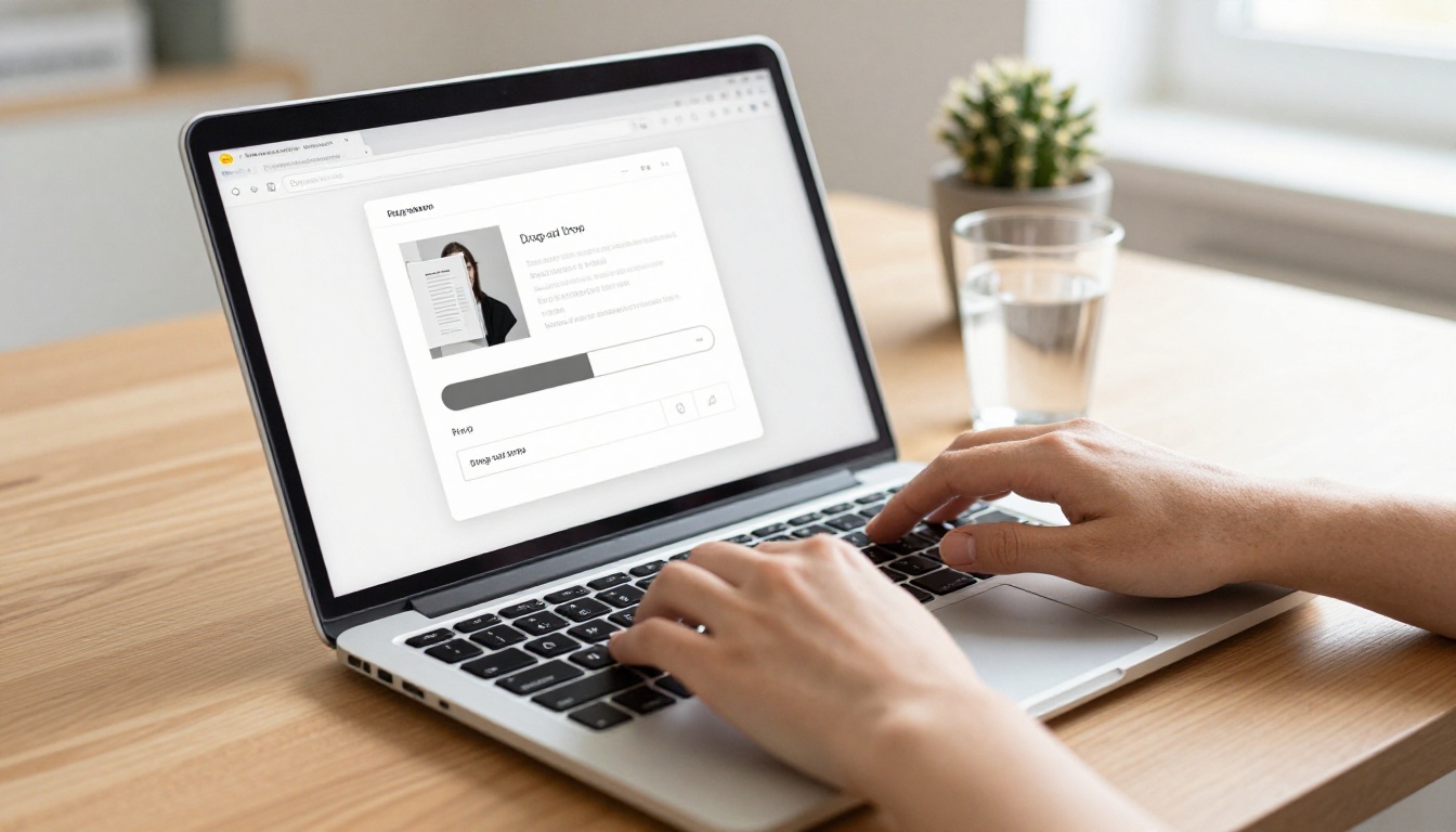 Woman uploading PDF document to flipbook converter via laptop browser Woman uploading PDF document to flipbook converter via laptop browser