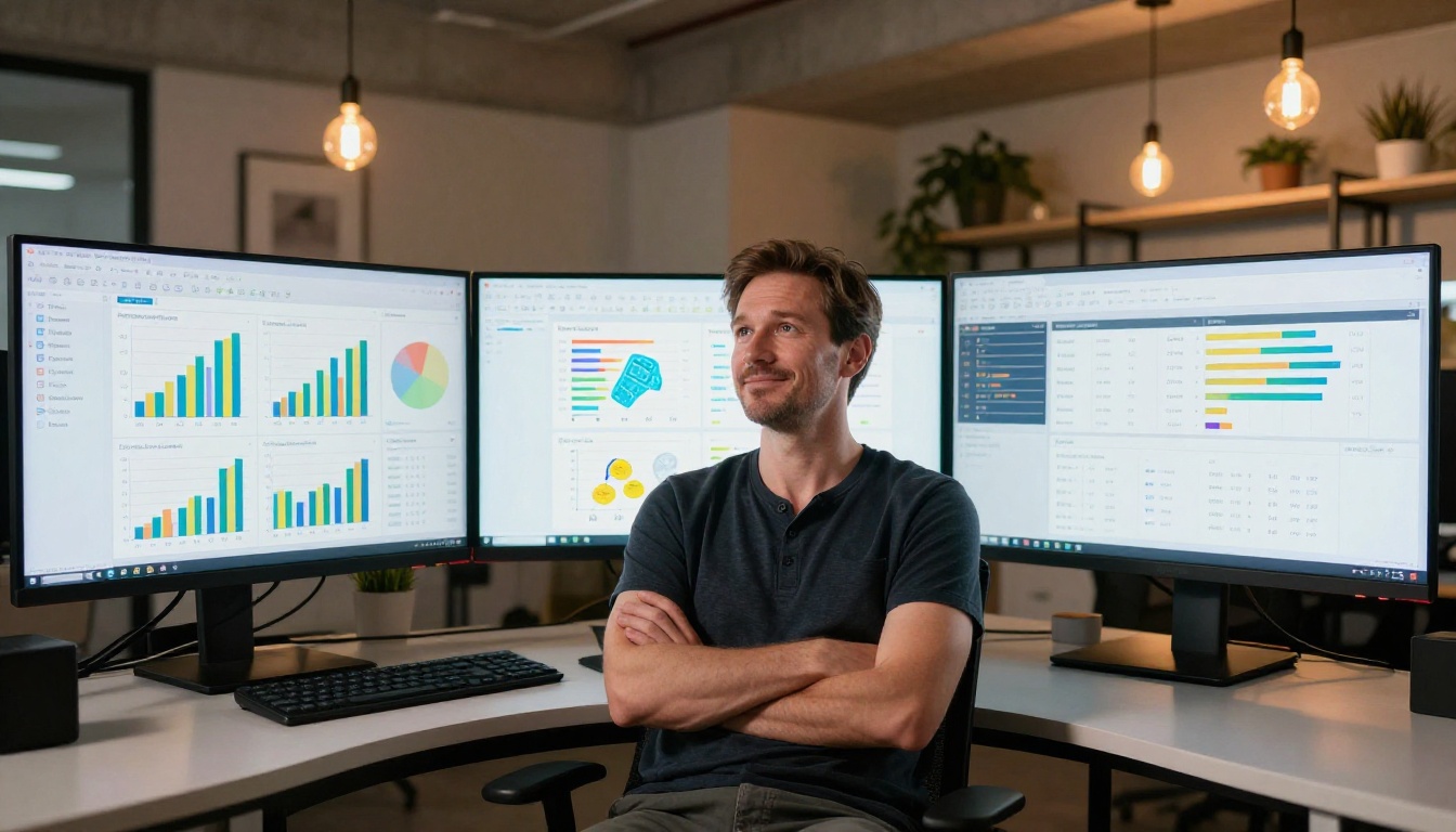 Marketing analyst reviewing performance analytics on multiple monitors Marketing analyst reviewing performance analytics on multiple monitors