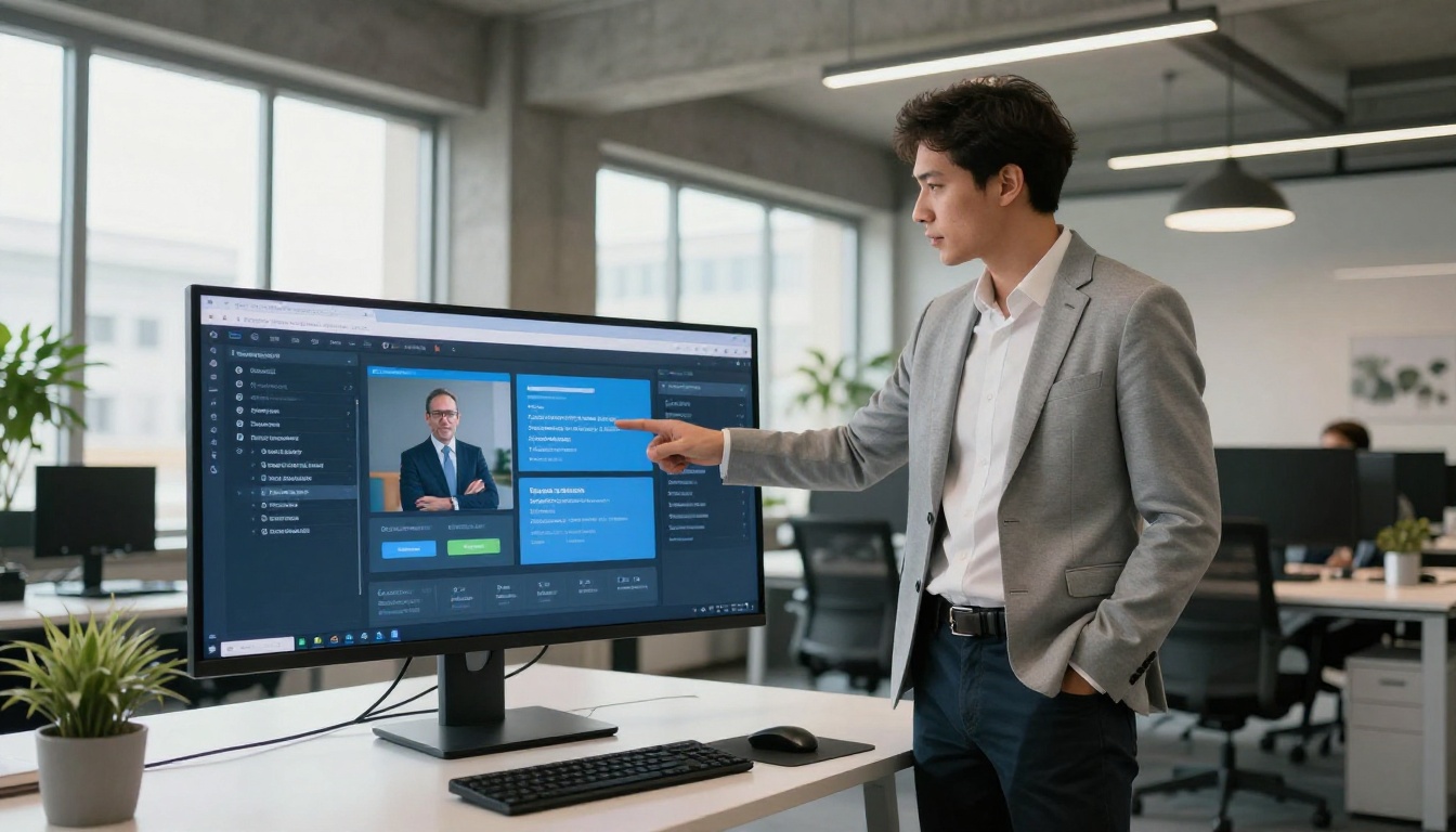Marketing professional presenting a sleek digital brochure on an ultrawide monitor in a modern open-plan office Marketing professional presenting a sleek digital brochure on an ultrawide monitor in a modern open-plan office
