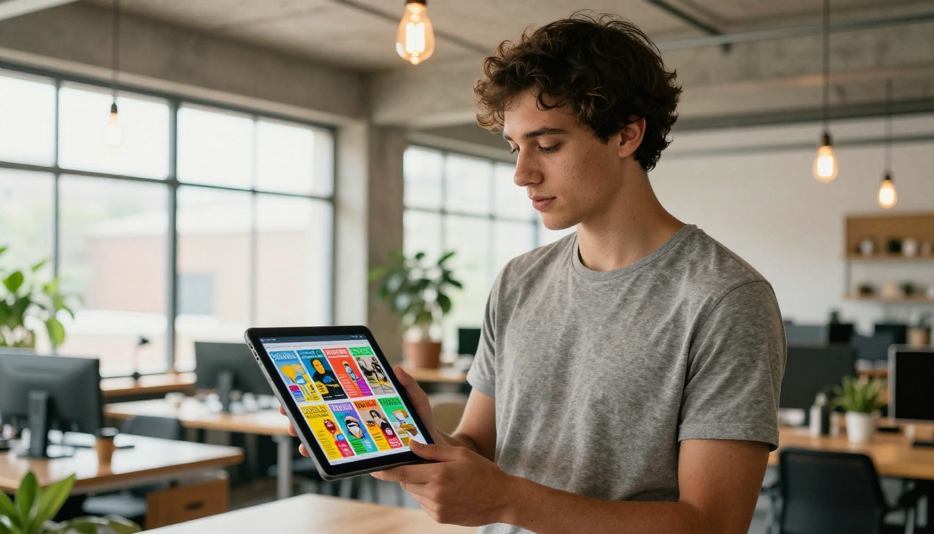 A young entrepreneur holding a tablet with a digital flipbook displayed, standing in a bright co-working space with warm Edison lighting A young entrepreneur holding a tablet with a digital flipbook displayed, standing in a bright co-working space with warm Edison lighting
