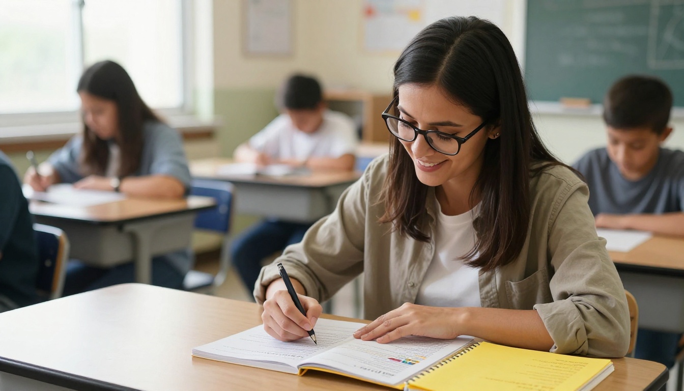 Teacher warmly reviewing and approving a student's colorful school project in a classroom setting Teacher warmly reviewing and approving a student's colorful school project in a classroom setting