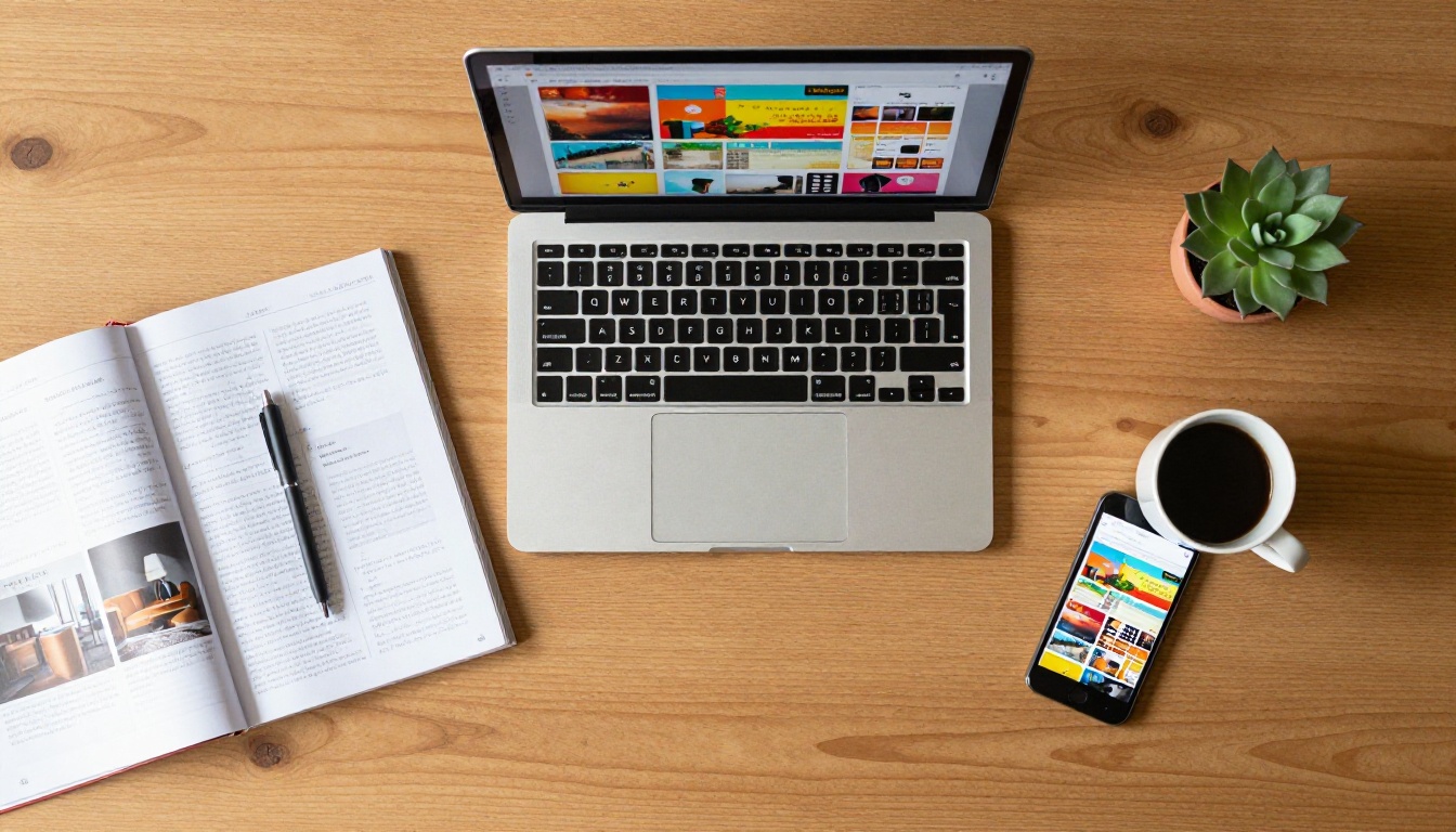 Aerial overhead flat lay of a wooden desk with laptop showing digital catalog flipbook, notebook, coffee mug, and smartphone
