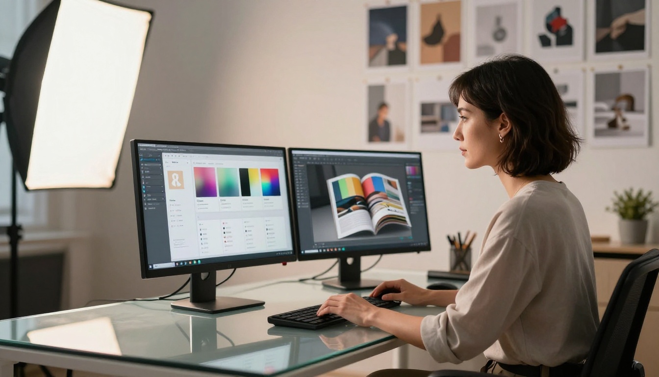 Creative director customizing flipbook branding and color palette on dual monitors in modern design studio