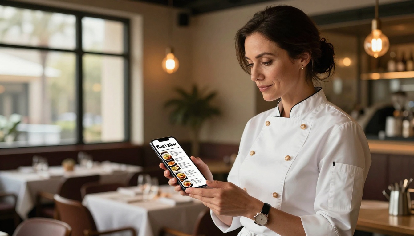 Elegant restaurant owner in a white chef's apron holding a smartphone displaying a beautifully designed digital menu in a warm upscale restaurant