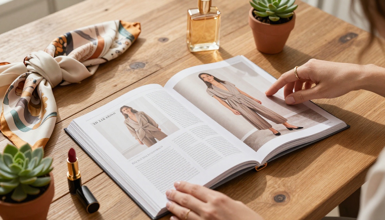 Flat lay of a fashion catalog flipbook open on a table surrounded by fashion accessories Flat lay of a fashion catalog flipbook open on a table surrounded by fashion accessories