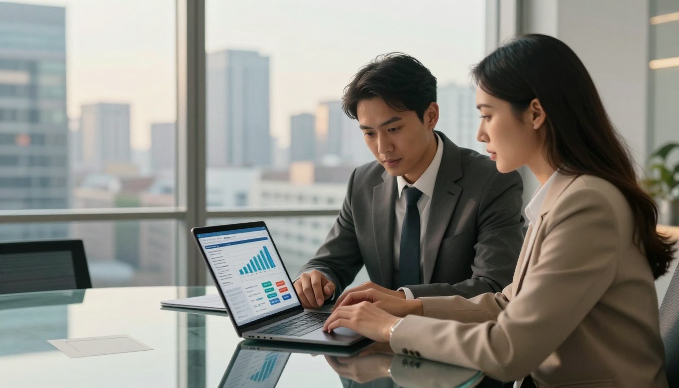 Two business professionals reviewing a corporate digital annual report on a laptop at a glass conference table Two business professionals reviewing a corporate digital annual report on a laptop at a glass conference table