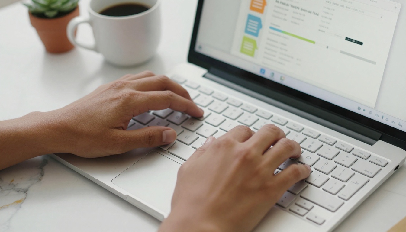 Hands typing on a MacBook on a marble desk, browser showing a flipbook upload interface with PDF icons and progress bars Hands typing on a MacBook on a marble desk, browser showing a flipbook upload interface with PDF icons and progress bars