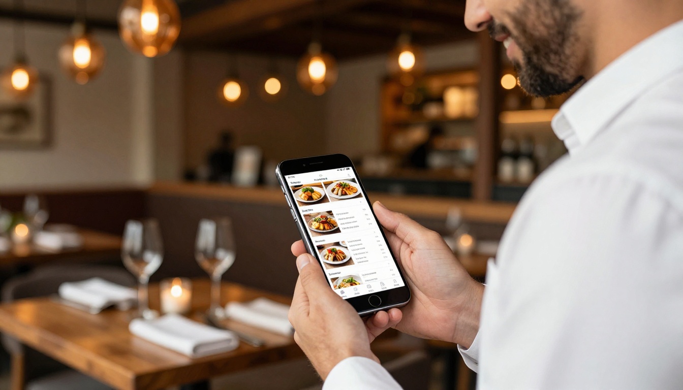 A smiling restaurant manager holding a smartphone displaying a beautifully designed digital restaurant menu catalog near the entrance
