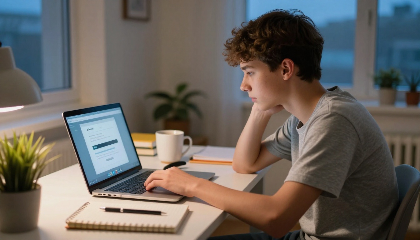 Student uploading a school project PDF on a laptop at home in a cozy evening study room Student uploading a school project PDF on a laptop at home in a cozy evening study room
