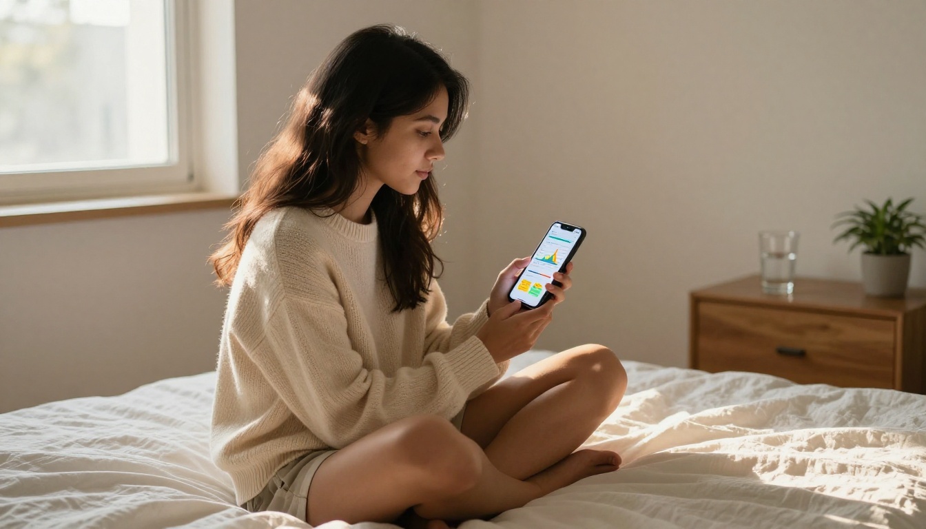 Young woman reviewing flipbook analytics dashboard on smartphone while relaxing on bed Young woman reviewing flipbook analytics dashboard on smartphone while relaxing on bed