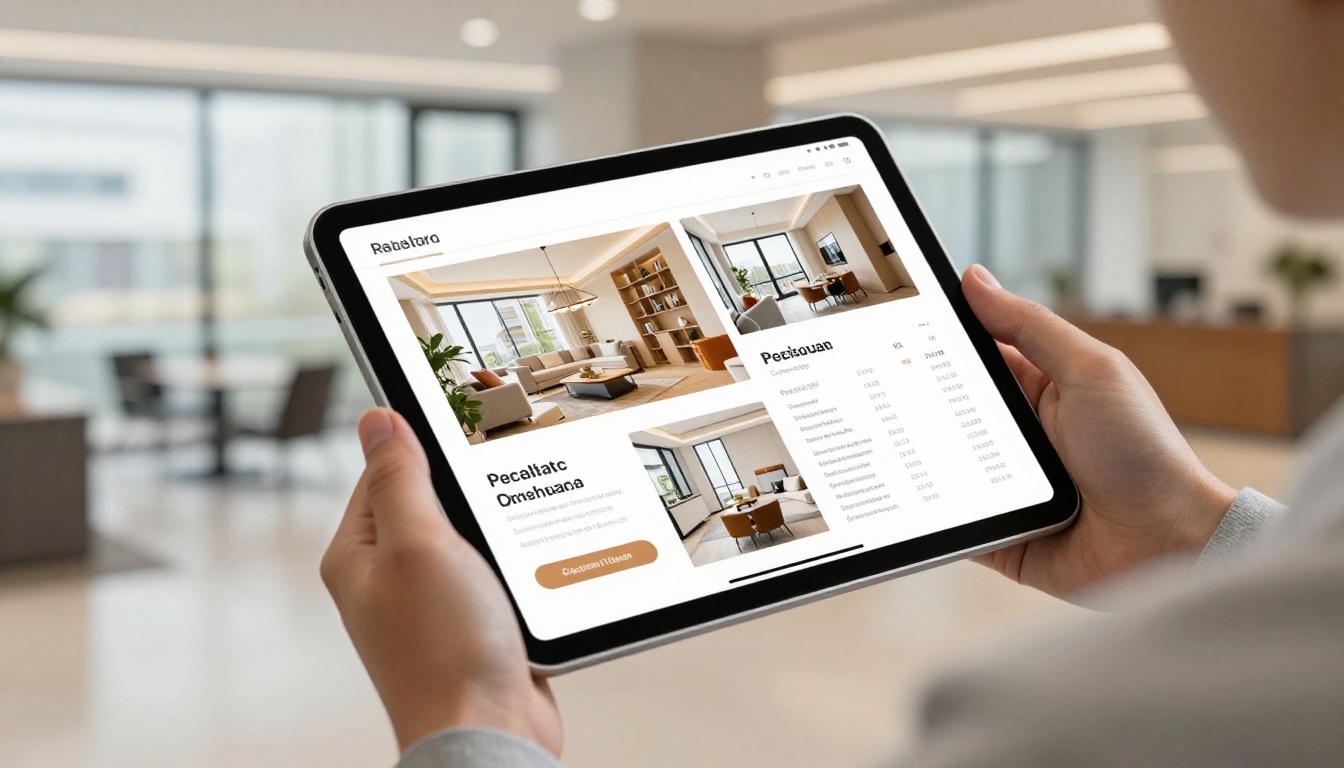Person holding iPad tablet showing interactive real estate brochure flipbook in modern office lobby