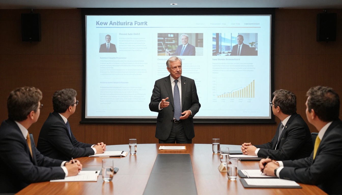 Senior executive presenting corporate annual report as interactive flipbook on boardroom presentation screen