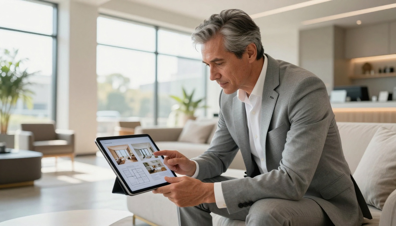 Real estate agent in a tailored gray suit leaning forward to show a property brochure flipbook on an iPad to a prospective buyer in a luxury apartment