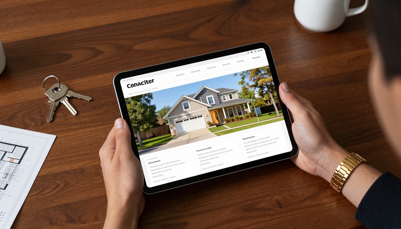 Aerial view of hands holding a tablet displaying a real estate property listing flipbook above a polished wooden desk Aerial view of hands holding a tablet displaying a real estate property listing flipbook above a polished wooden desk