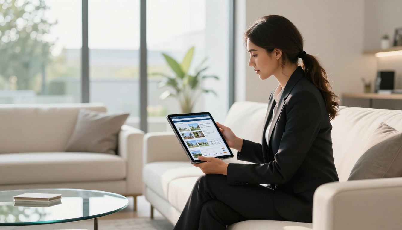 A professional female real estate agent presenting a digital property catalog on a tablet while seated in a modern living room showroom