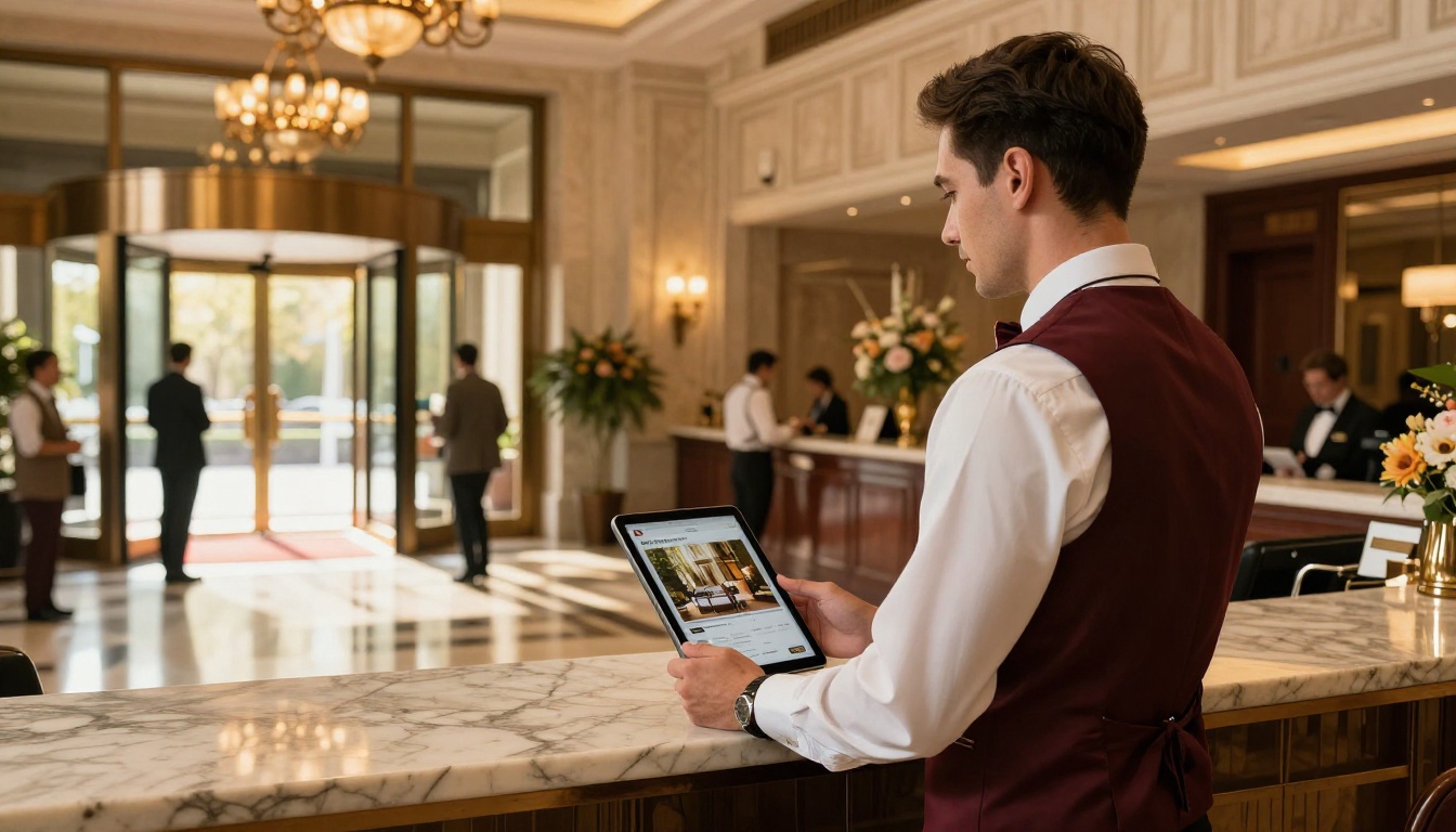 Hotel concierge holding an iPad with a luxury hotel flipbook at the front desk Hotel concierge holding an iPad with a luxury hotel flipbook at the front desk