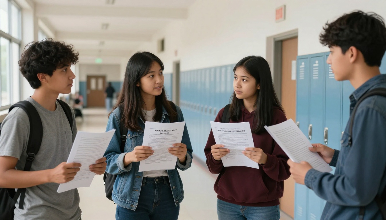 Four students in a school hallway comparing their printed project reports with animated expressions Four students in a school hallway comparing their printed project reports with animated expressions