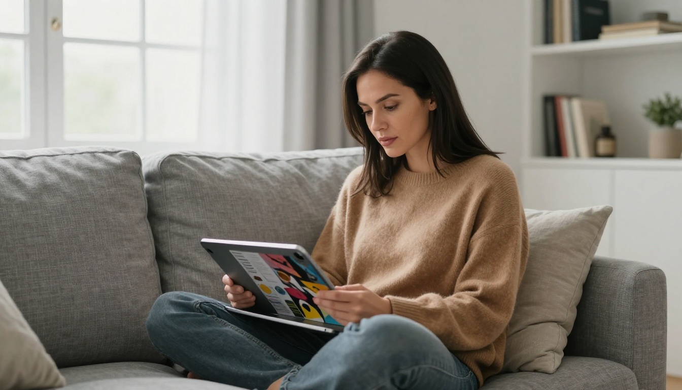 A creative professional woman sitting cross-legged on a grey linen sofa, scrolling through a digital magazine on an iPad in a Scandinavian-style apartment with soft morning light A creative professional woman sitting cross-legged on a grey linen sofa, scrolling through a digital magazine on an iPad in a Scandinavian-style apartment with soft morning light