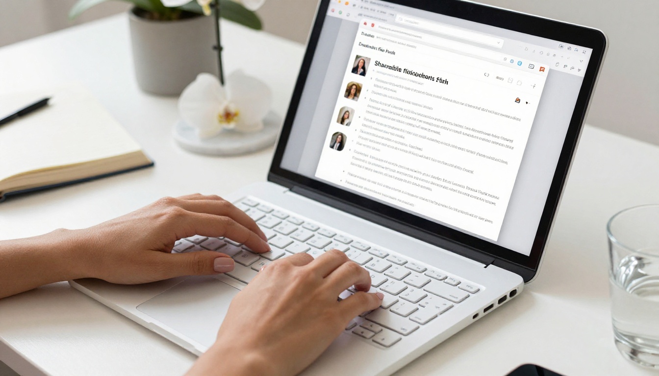 Woman's hands typing on a white MacBook at a minimalist desk with the screen showing a flipbook link being shared from a browser address bar
