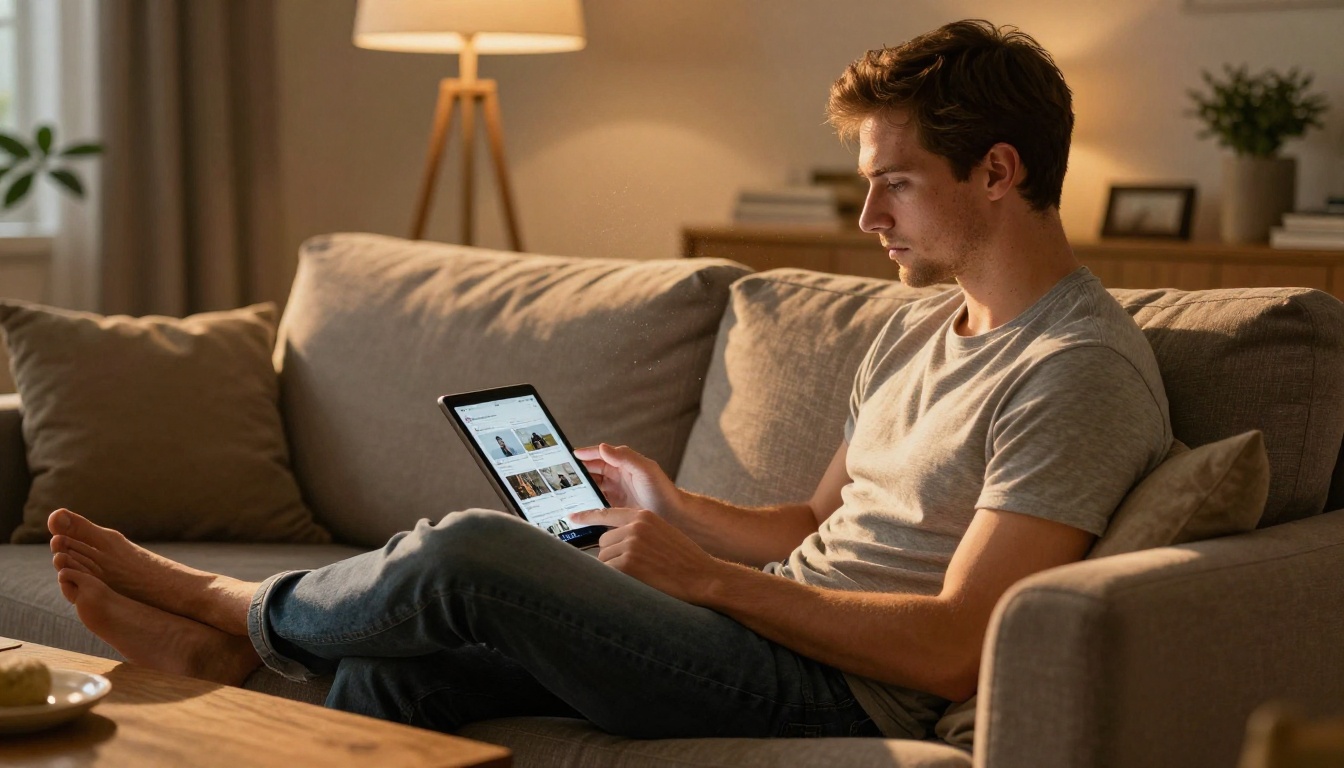 Man on couch sharing flipbook post on Facebook via tablet