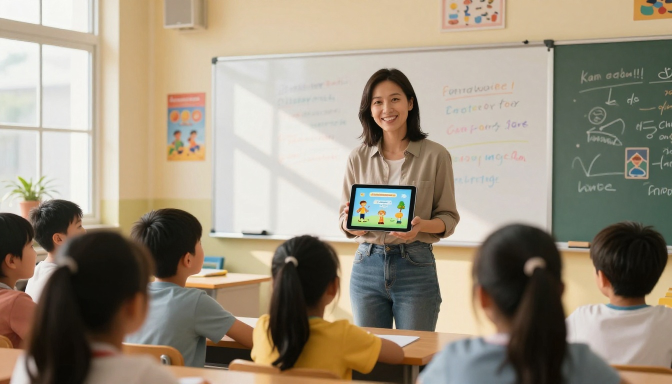 A female teacher in a bright modern classroom holding a tablet displaying a colorful interactive educational flipbook A female teacher in a bright modern classroom holding a tablet displaying a colorful interactive educational flipbook