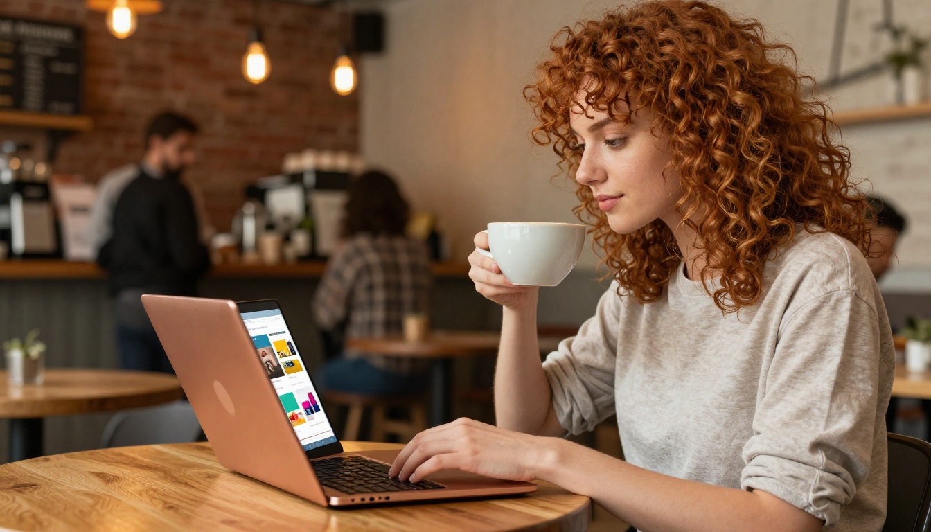 A young woman with curly hair browsing a product catalog on a rose gold laptop at a cozy sunlit coffee shop table