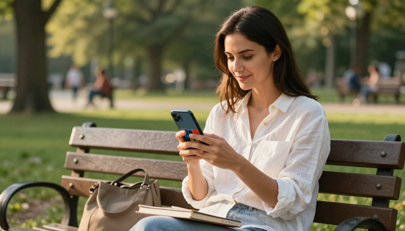 Woman sitting on a park bench scrolling through a digital catalog on her smartphone in golden afternoon light Woman sitting on a park bench scrolling through a digital catalog on her smartphone in golden afternoon light
