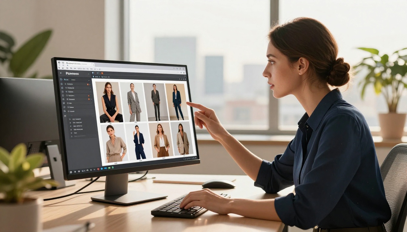 Professional woman reviewing digital fashion catalog flipbook on large monitor with warm afternoon light through office window