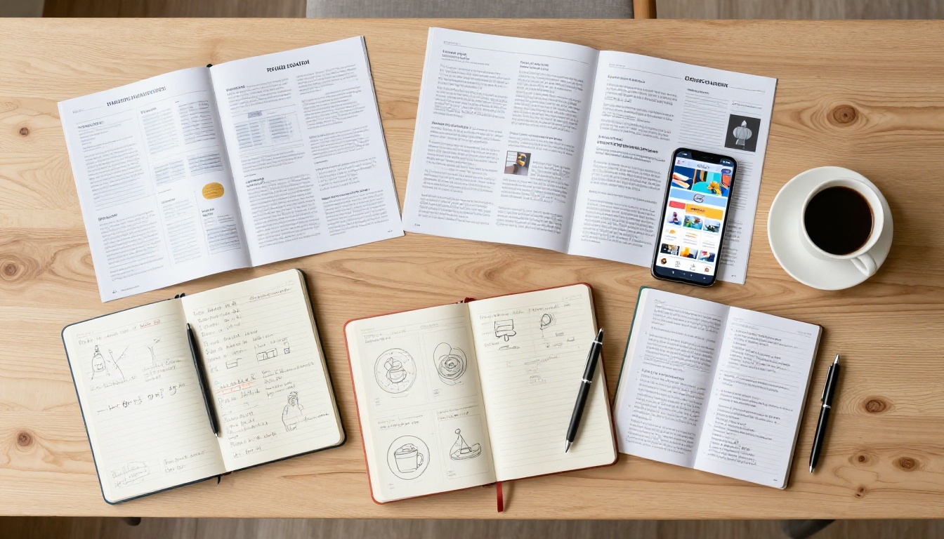 Aerial flat-lay overhead view of a wooden desk with printed brochures, smartphone showing a flipbook app, notebooks with sketches, and a coffee cup Aerial flat-lay overhead view of a wooden desk with printed brochures, smartphone showing a flipbook app, notebooks with sketches, and a coffee cup