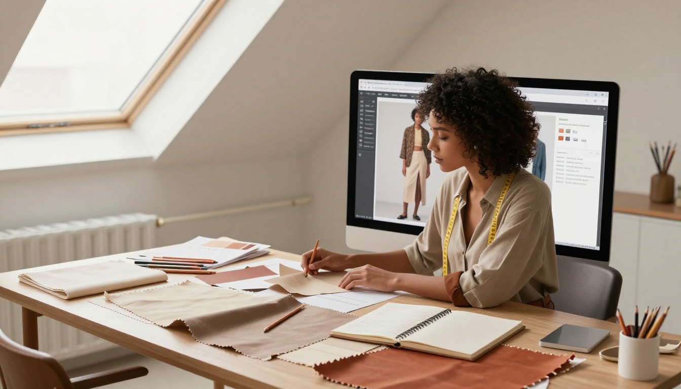 A fashion designer reviewing a digital lookbook on a wide monitor with fabric swatches spread across the desk A fashion designer reviewing a digital lookbook on a wide monitor with fabric swatches spread across the desk