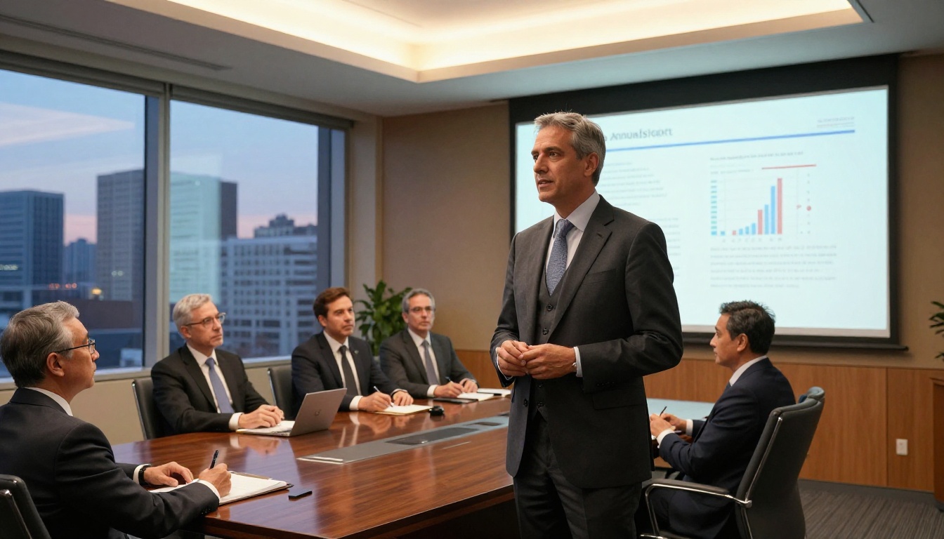 Corporate executive presenting an annual report flipbook on a boardroom projection screen to a group of executives Corporate executive presenting an annual report flipbook on a boardroom projection screen to a group of executives
