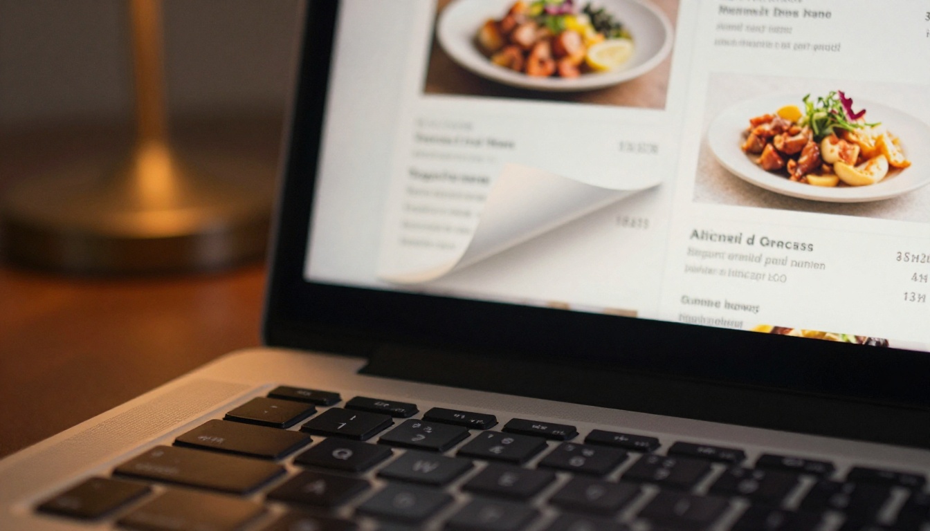 Macro close-up of laptop screen showing digital flipbook page curl with restaurant menu content and warm desk lamp lighting