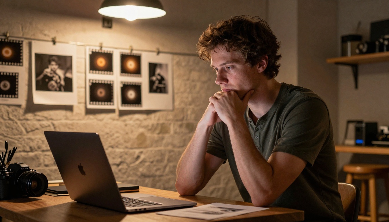 A photographer reviewing a photography portfolio flipbook on a laptop in a creative brick-wall studio A photographer reviewing a photography portfolio flipbook on a laptop in a creative brick-wall studio