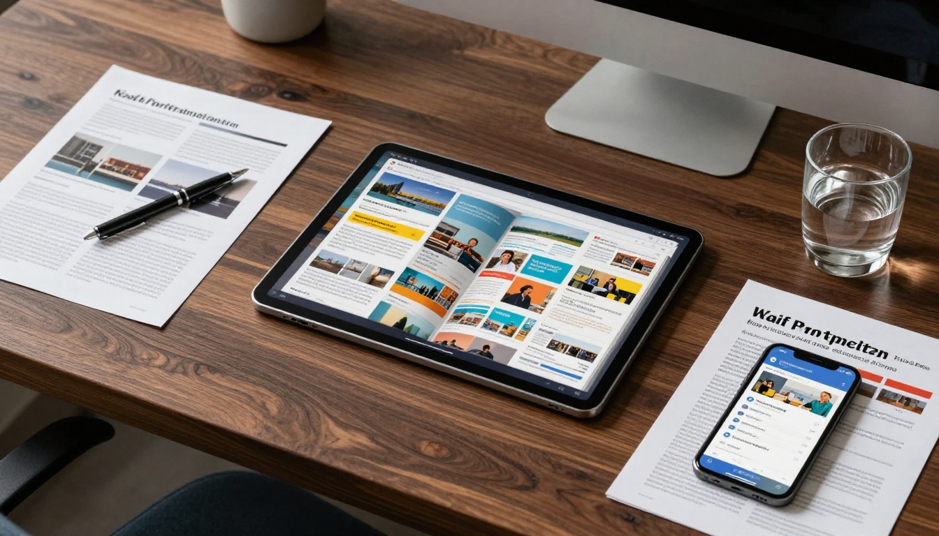 Overhead view of professional desk with flipbook and marketing materials