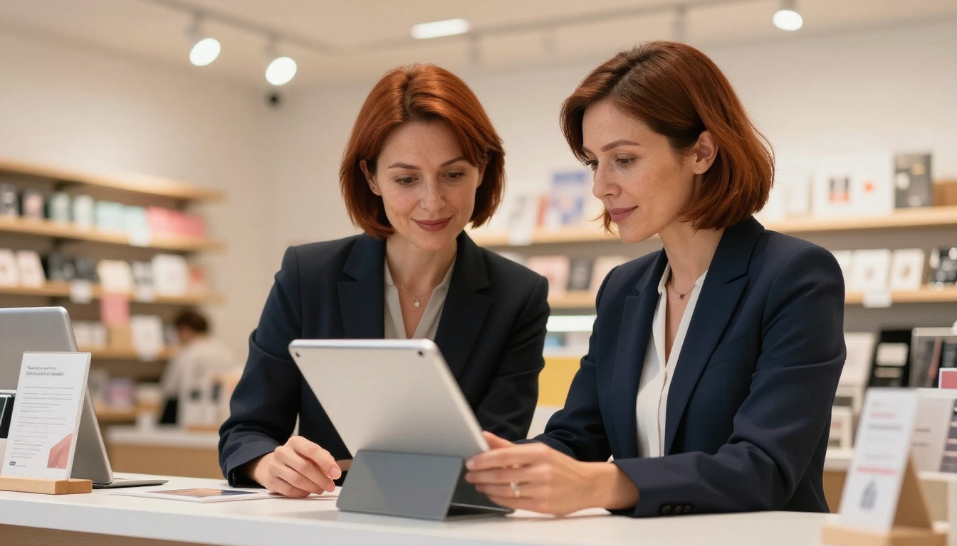 A small business owner showing a digital catalog flipbook on a tablet to a customer at a retail counter, warm overhead spotlights, product shelves blurred in the background A small business owner showing a digital catalog flipbook on a tablet to a customer at a retail counter, warm overhead spotlights, product shelves blurred in the background