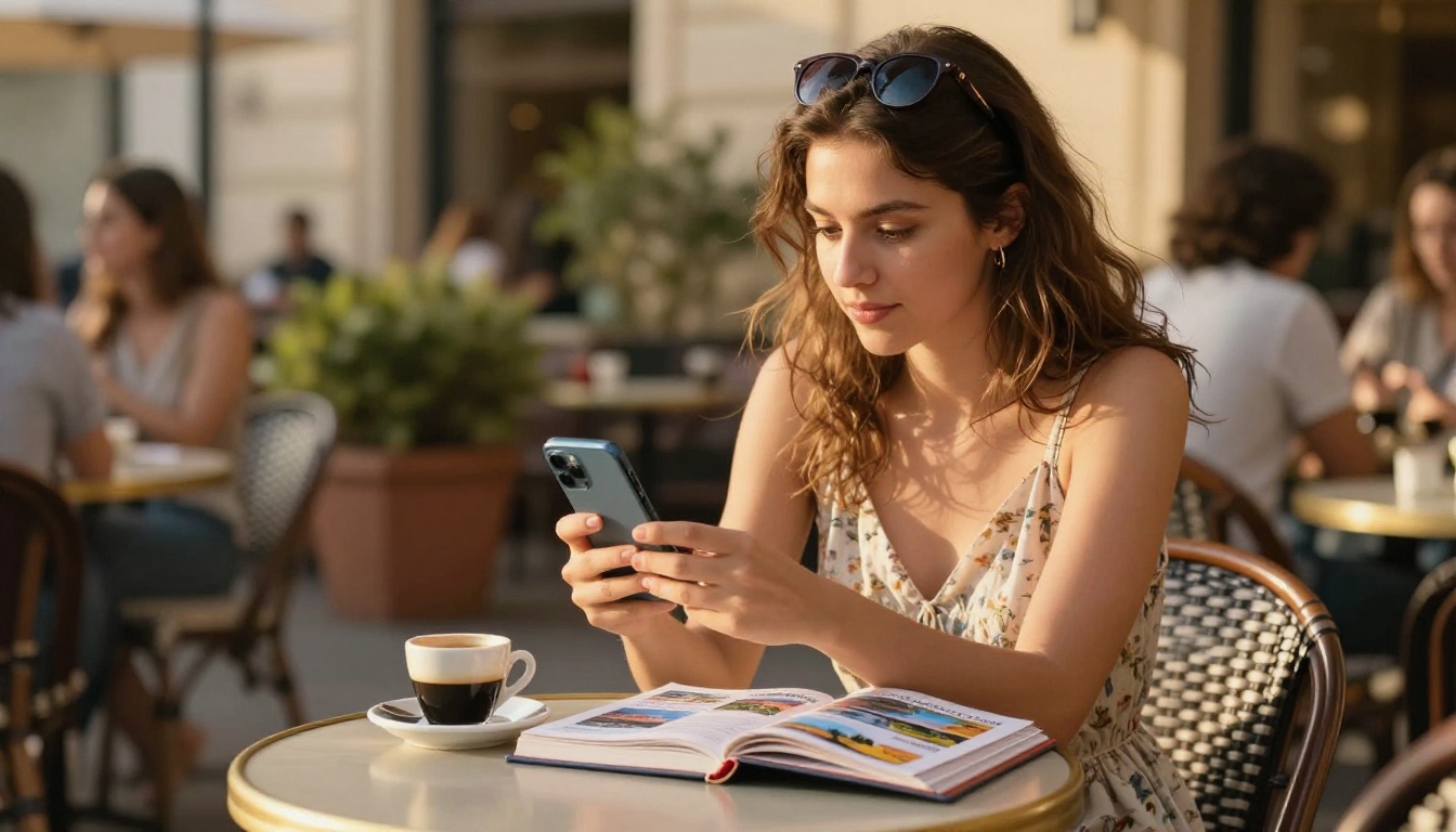 Young woman at outdoor cafe holding smartphone showing travel guide flipbook in golden afternoon sunlight
